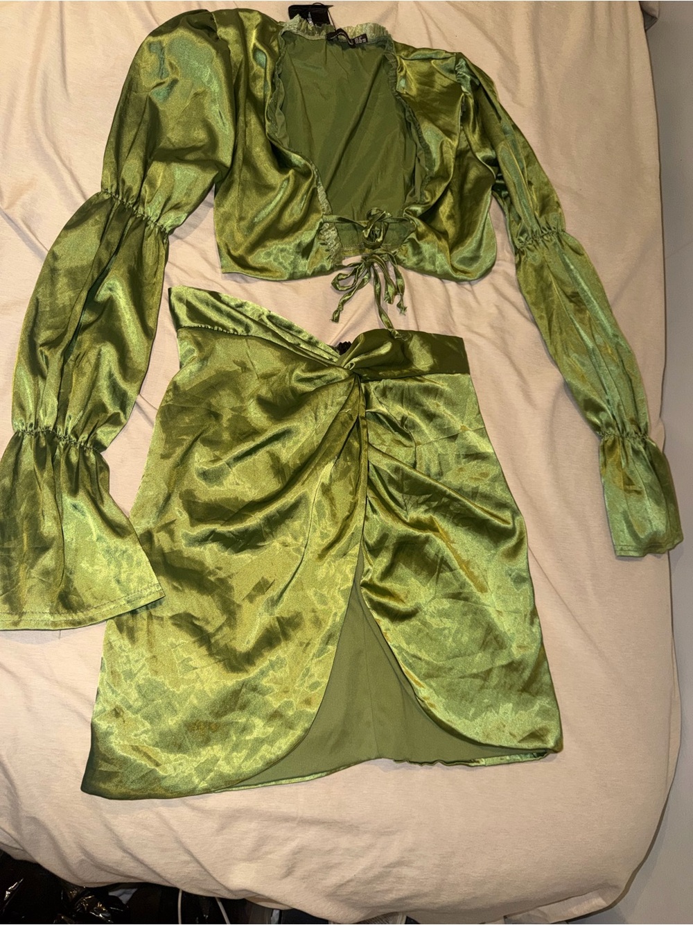 PrettyLittleThing Olive Green Satin Ruched Wrap Skirt Set
